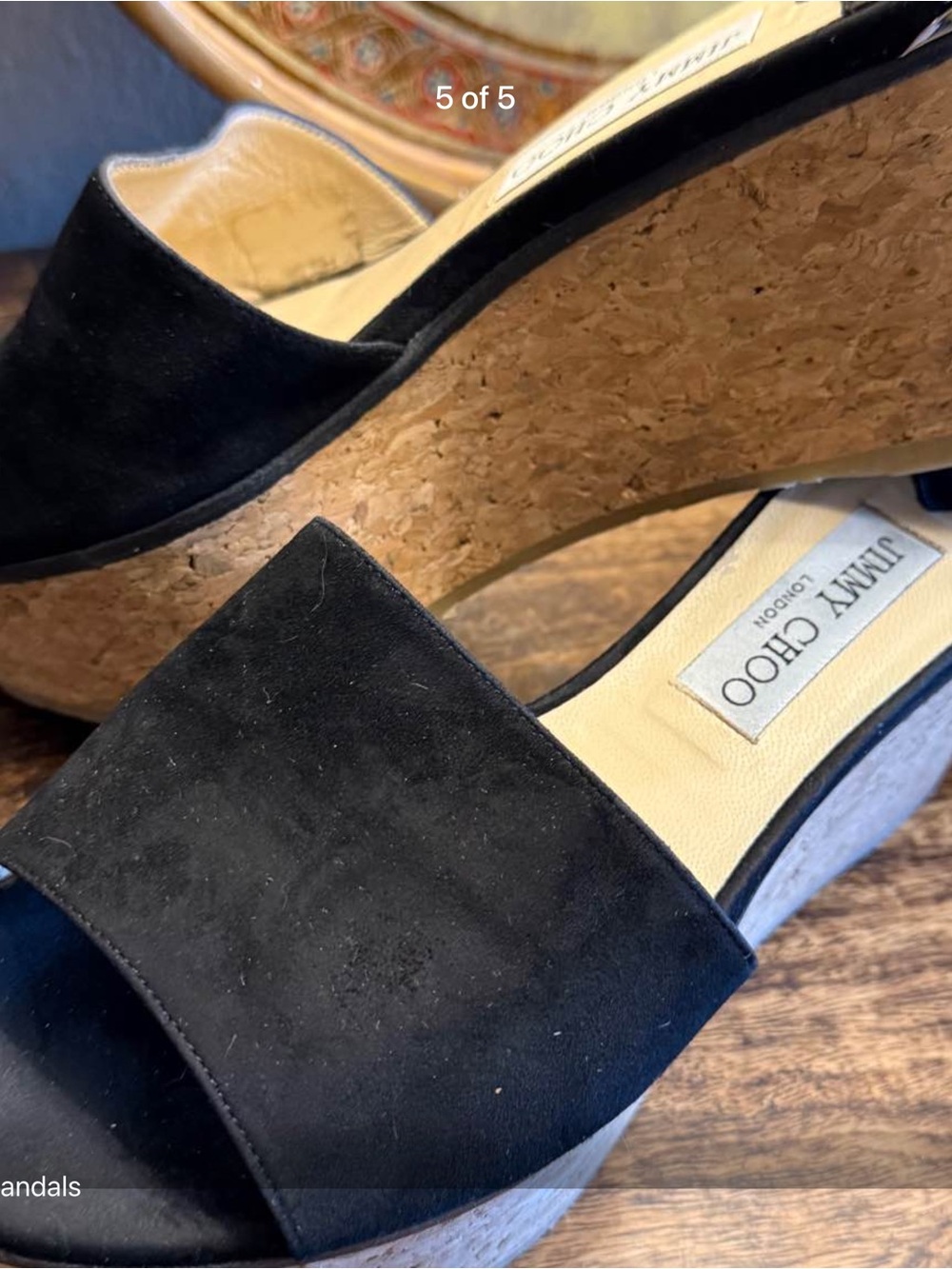 Jimmy Choo Black Suede Cork Wedge Slides
